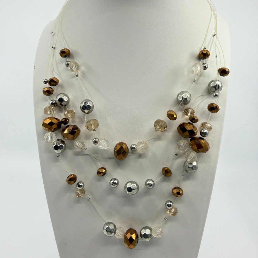 Multi Strand Beads Necklace Bronze & Silver Tone with Clear Crystals - Picture 9 of 13